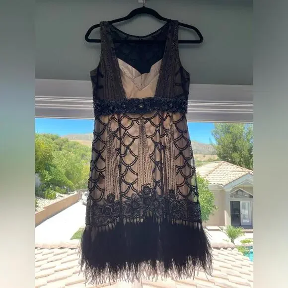 SUE WONG Black & nude beaded, sequin ostrich feather dress - Picture 3 of 9